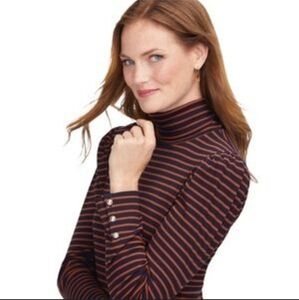 Talbots Bergen Stripe Button Long Sleeve Ribbed Turtle Neck Top
